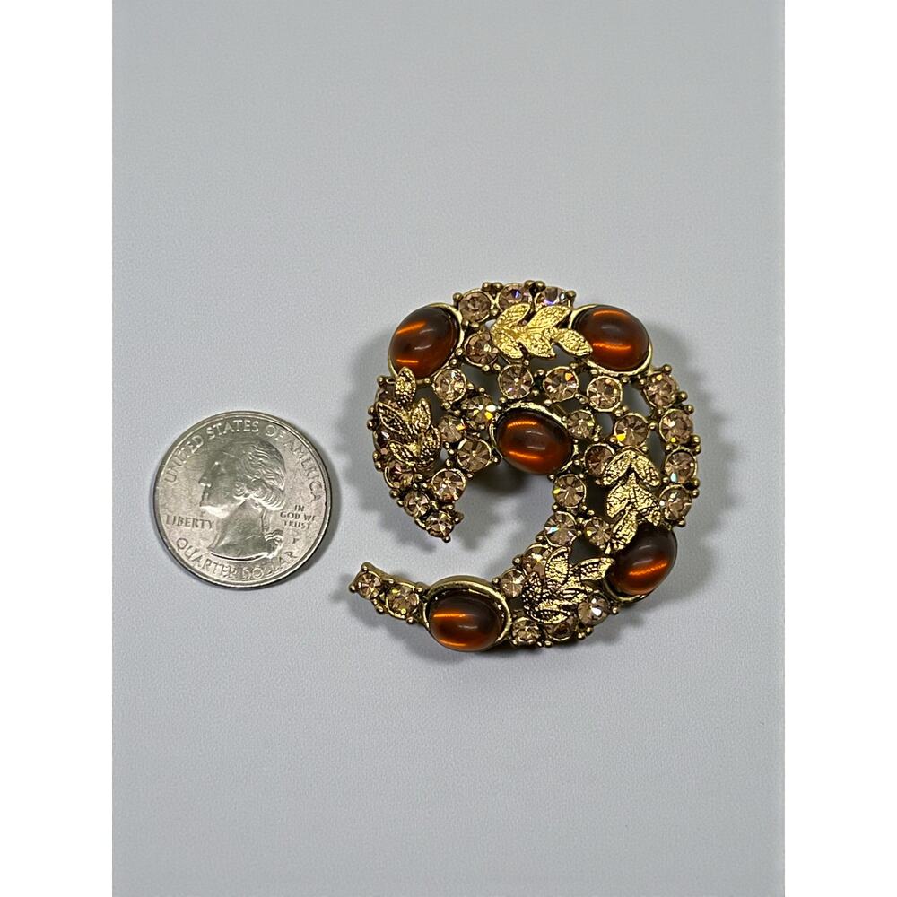 Vintage Gold Tone Amber Cabochon Rhinestone Crescent Brooch-Mid Century-Leaf-Art - Picture 8 of 8